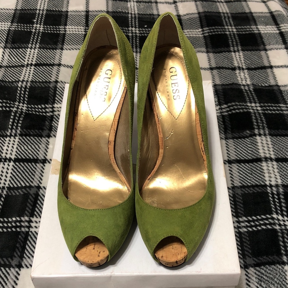 Guess by Marciano Lime Green Suede Peep-Toe Pumps